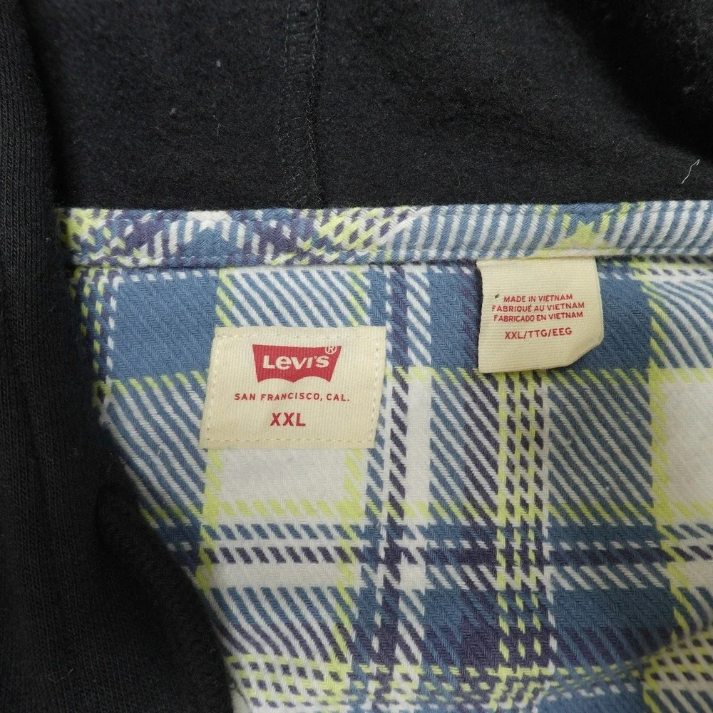 Levi's Hooded Shirt Mens XXL Blue Plaid Cotton Flannel Long‎ Sleeve Button Front